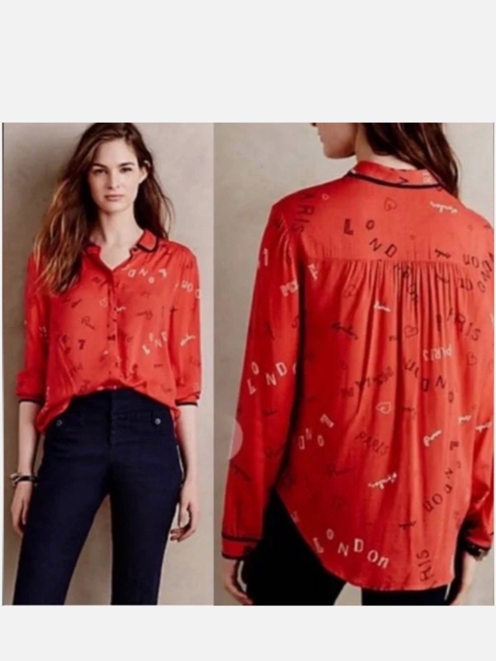 Maeve Red Script-Print Button-Up Blouse